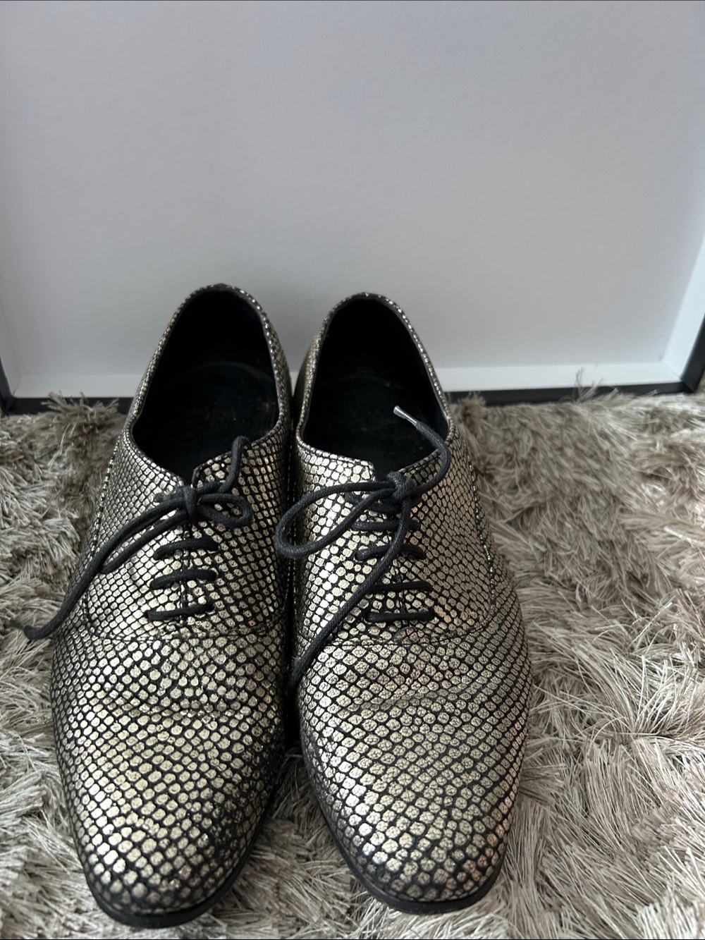 Saint Laurent Metallic Gold Snake-Print Lace-Up Flats